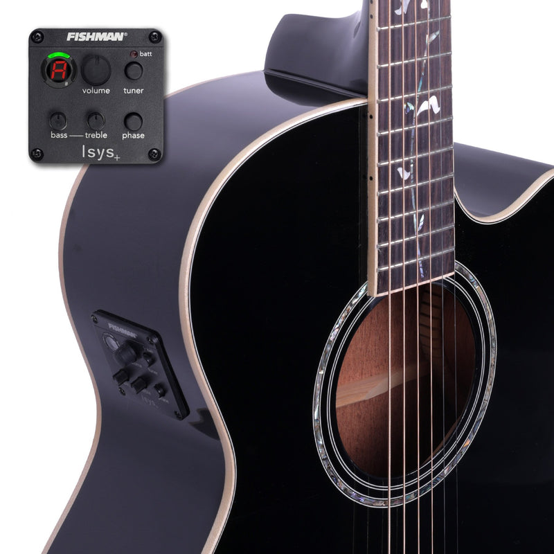 Timberidge '1 Series' Spruce Solid Top Acoustic-Electric Small Body Cutaway Guitar with 'Tree of Life' Inlay (Black Gloss)-TRFC-1T-BLK