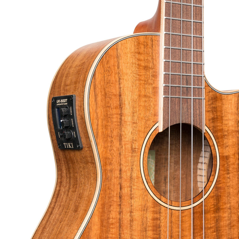 Tiki '9 Series' Koa Solid Top Electric Cutaway Baritone Ukulele with Hard Case (Natural Satin)-TKB-9CP-NST