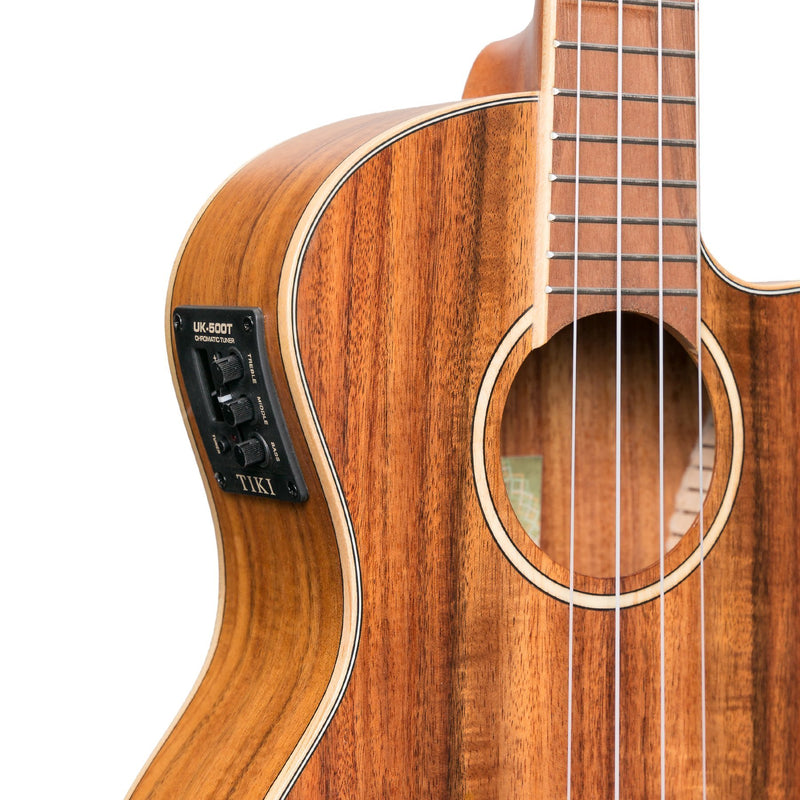 Tiki '9 Series' Koa Solid Top Electric Cutaway Tenor Ukulele with Hard Case (Natural Satin)-TKT-9CP-NST