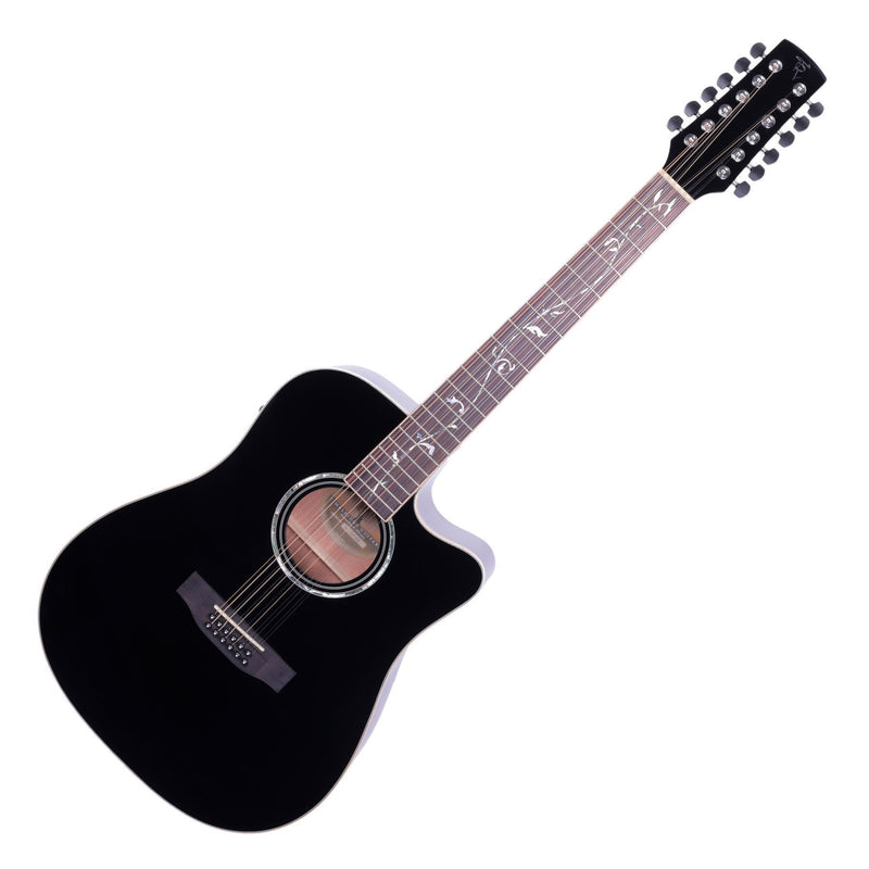 Timberidge '1 Series' 12-String Spruce Solid Top Acoustic-Electric Dreadnought Cutaway Guitar with 'Tree of Life' Inlay (Black Gloss)-TRC-112T-BLK