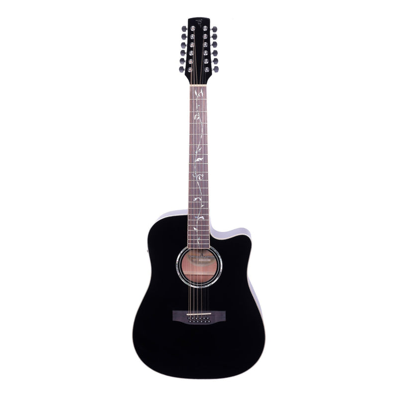 Timberidge '1 Series' 12-String Spruce Solid Top Acoustic-Electric Dreadnought Cutaway Guitar with 'Tree of Life' Inlay (Black Gloss)-TRC-112T-BLK