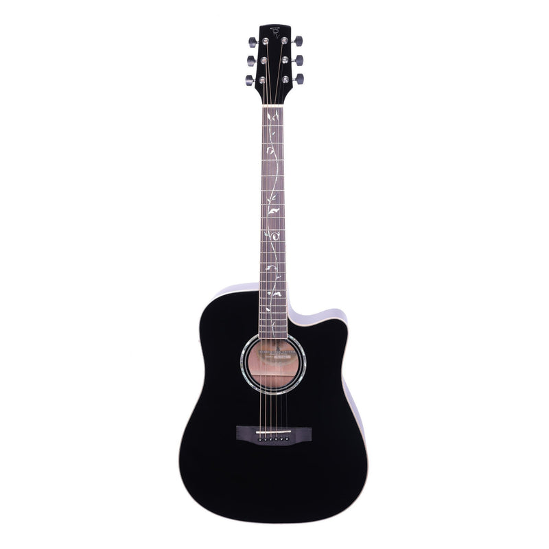 Timberidge '1 Series' Spruce Solid Top Acoustic-Electric Dreadnought Cutaway Guitar with 'Tree of Life' Inlay (Black Gloss)-TRC-1T-BLK