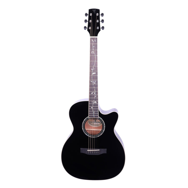 Timberidge '1 Series' Spruce Solid Top Acoustic-Electric Small Body Cutaway Guitar with 'Tree of Life' Inlay (Black Gloss)-TRFC-1T-BLK