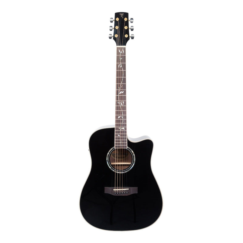 Timberidge '3-Series' Spruce Solid Top Acoustic-Electric Dreadnought Cutaway Guitar with 'Tree of Life' Inlay (Black)-TRC-3T-BLK